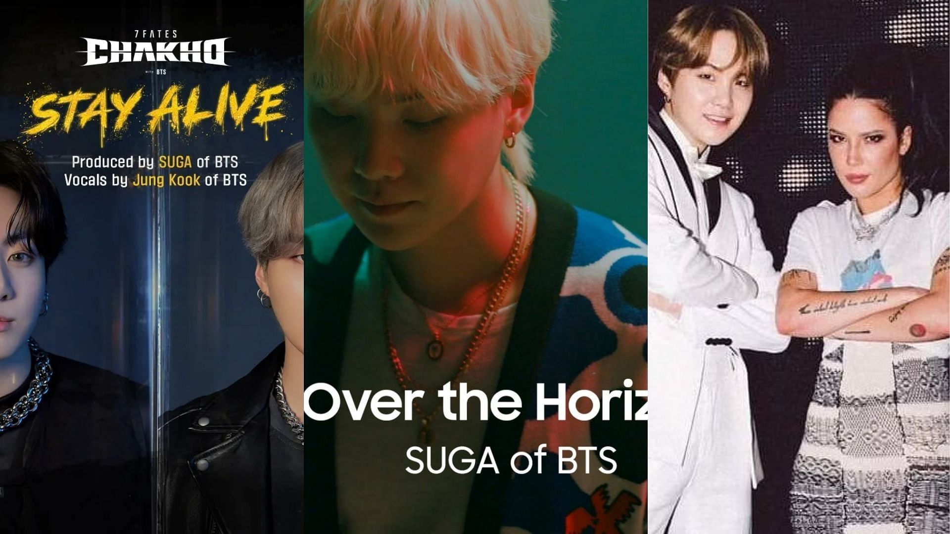 BTS&#039; Suga best produced songs (Images via HYBE Labels, Samsung, @iamhalsey/Instagram)