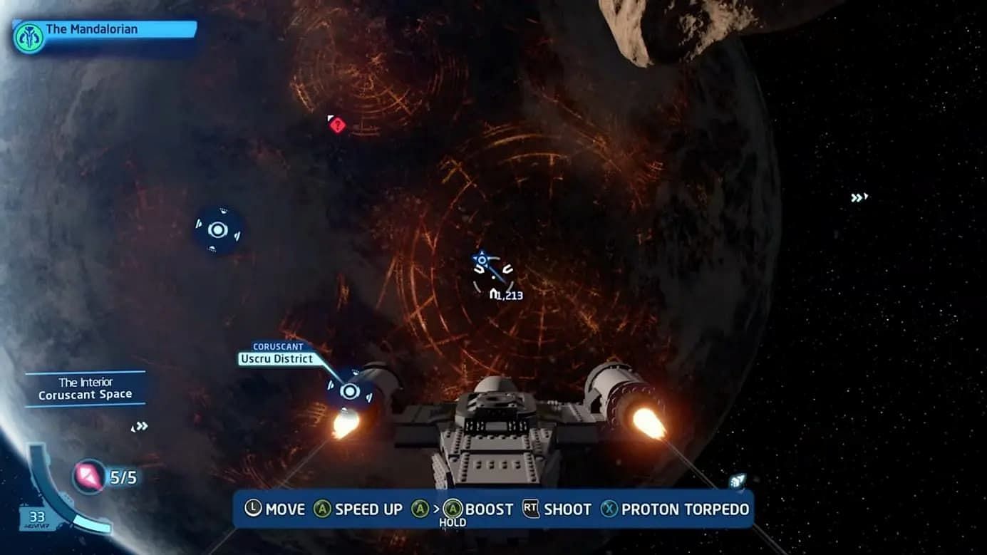 A player is flying the Razor Crest above Coruscant (Image via TT Games)