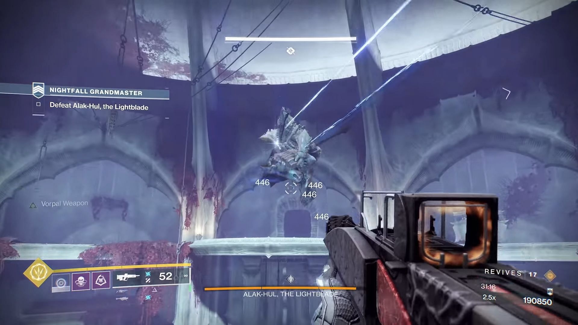 Alak-Hul jumping in the final boss room in Destiny 2 Lightblade (Image via Cheese Forever YT)