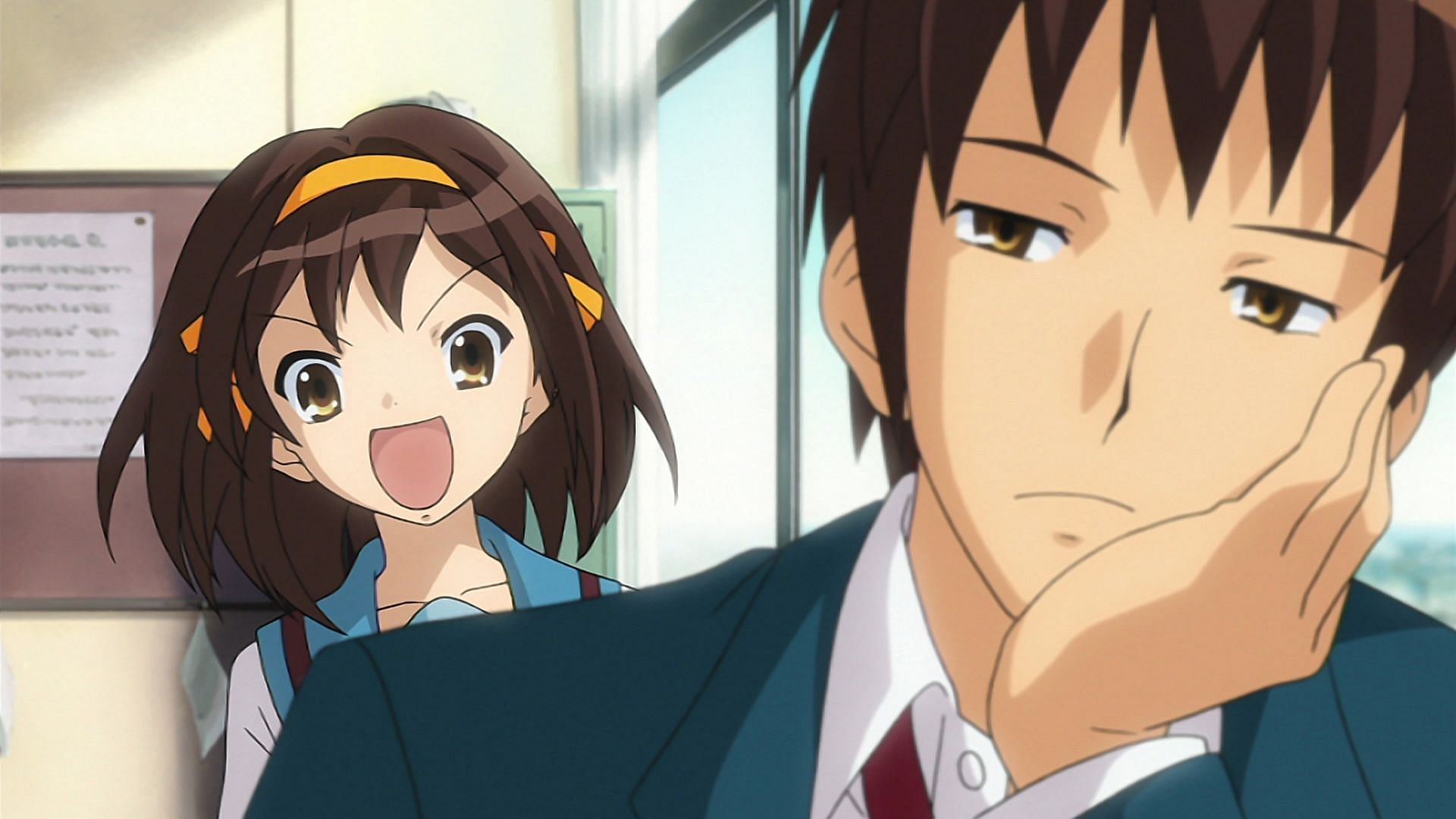 Kyon (right) trying to ignore Haruhi (Left) (Image via Kyoto Animation)