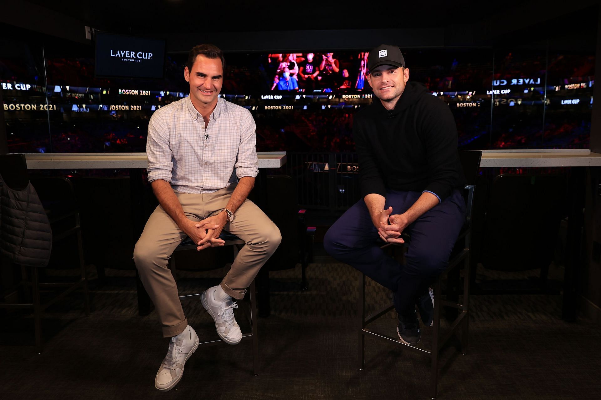 Roger Federer and Andy Roddick pose on Day 2 of the 2021 Laver Cup at TD Garden