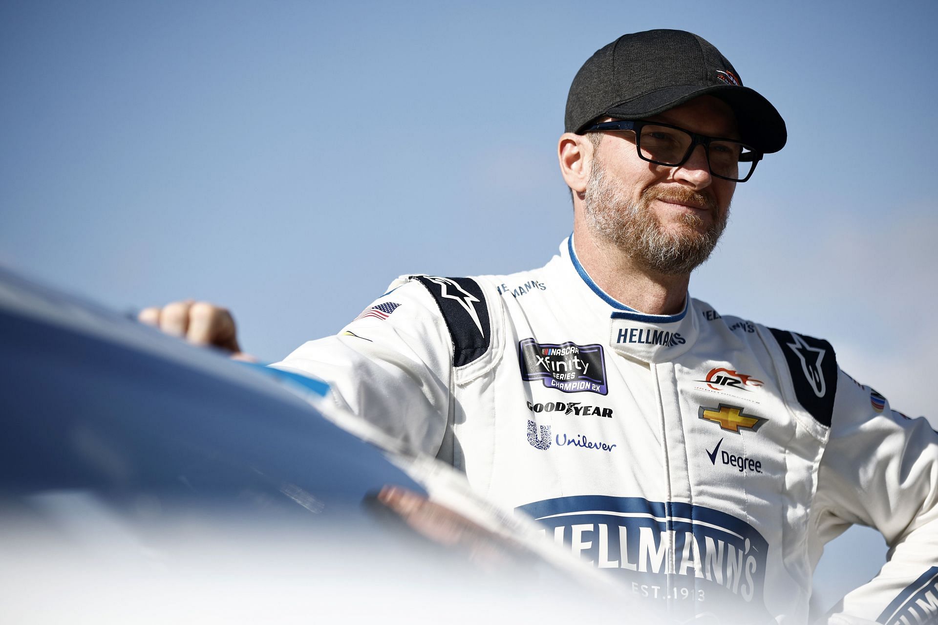 Dale Earnhardt Jr looks on during practice for the NASCAR Xfinity Series Call 811 Before You Dig 250 powered by Call 811.com at Martinsville Speedway.