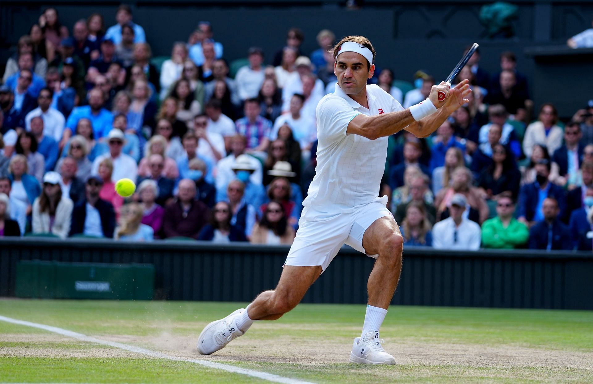 Roger Federer in action at the 2021 Wimbledon