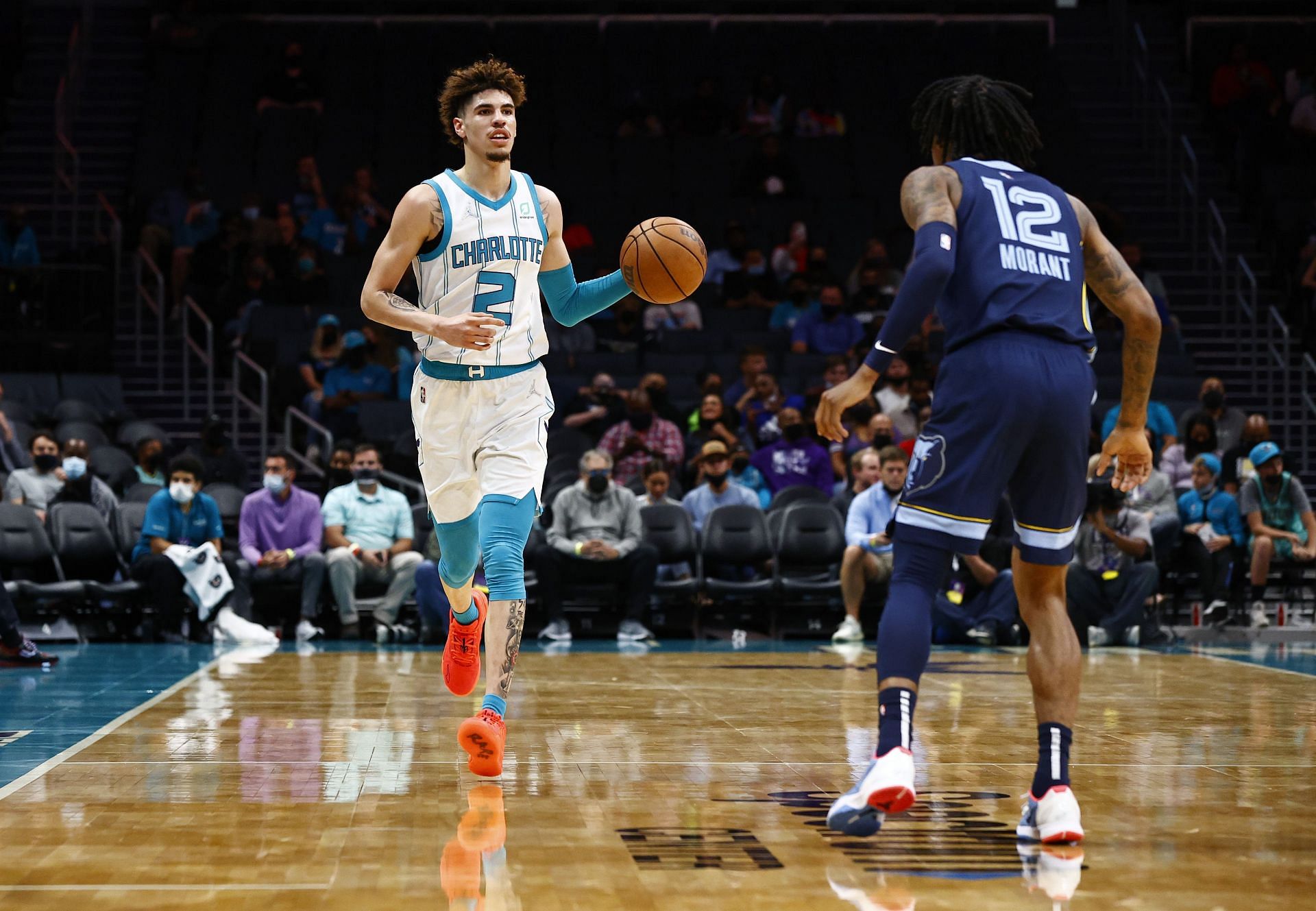 Memphis Grizzlies star Ja Morant guards Charlotte Hornets guard LaMelo Ball