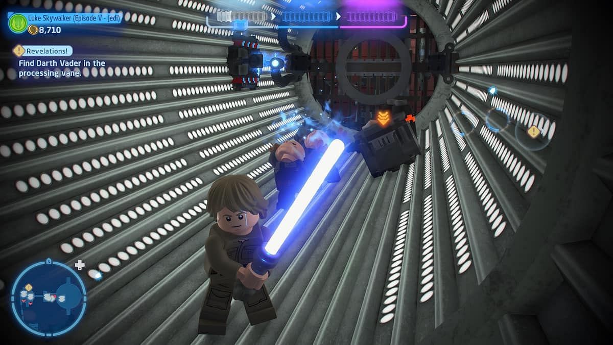 Luke Skywalker stands next to an Ugnaught in Lego Star Wars: The Skywalker Saga (Image via TT Games)