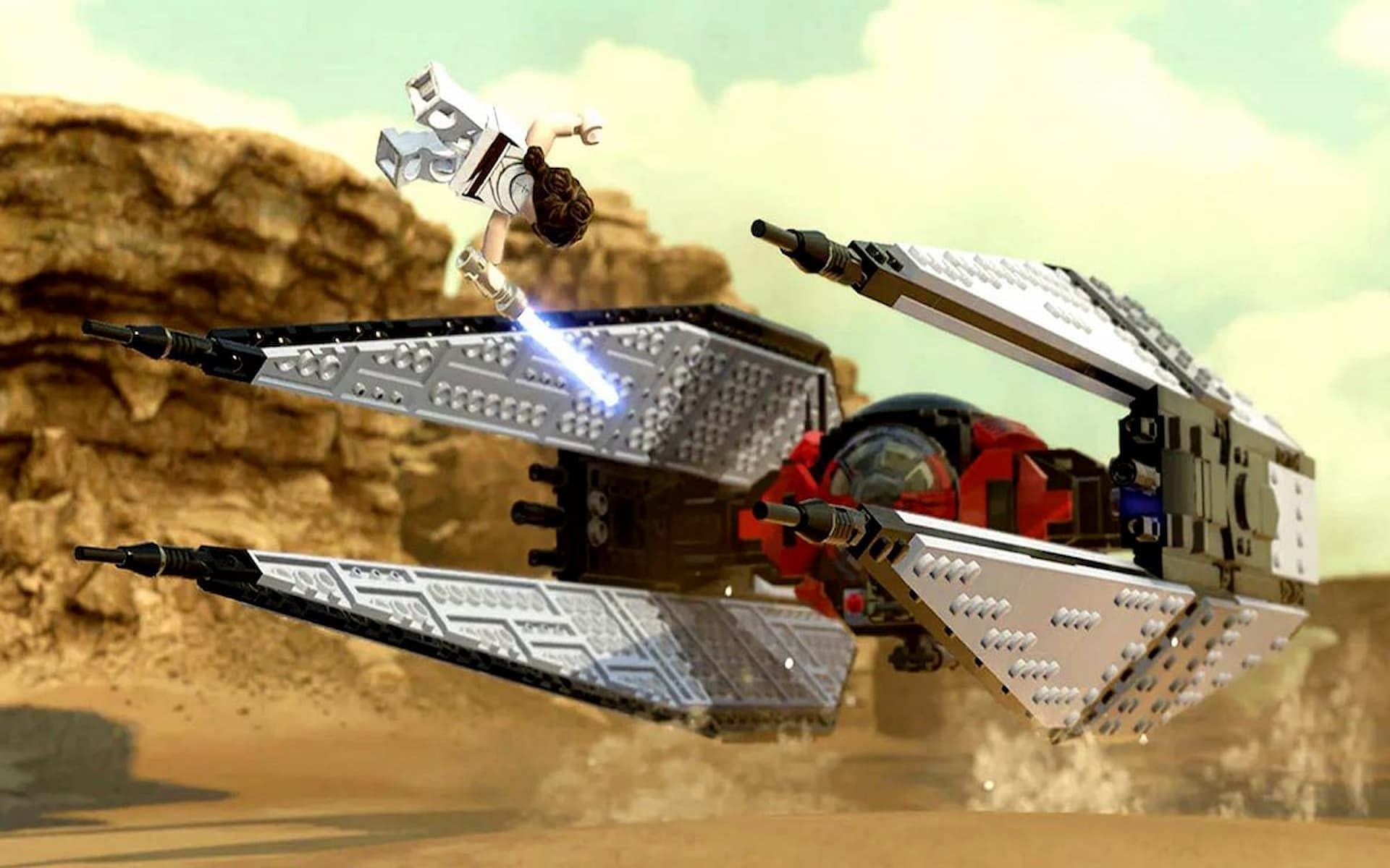 The iconic scene of Rey jumping over Kylo Ren&#039;s TIE Fighter was recreated (Image via TT Games)