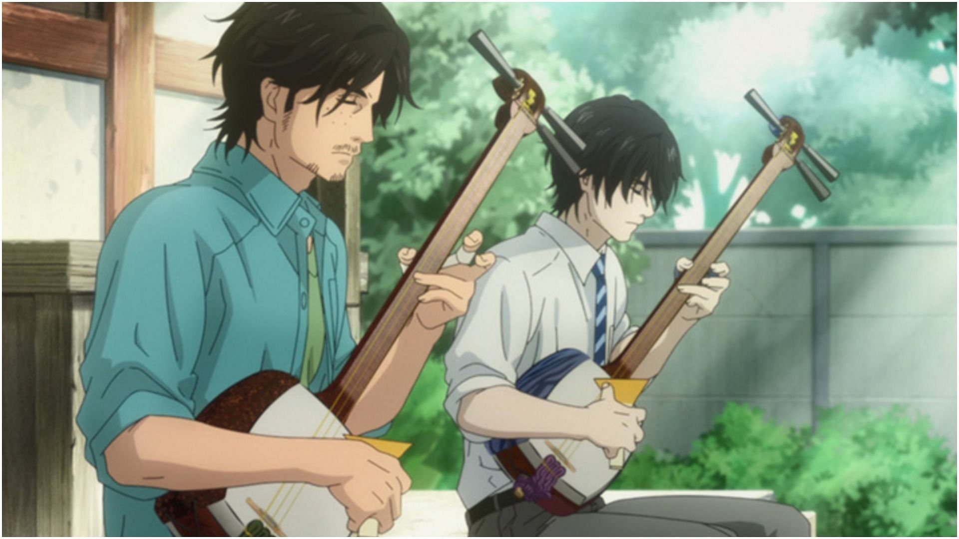 Setsu playing Shamisen with his brother as seen in the anime Those Snow White Notes (Image via Shin-Ei Animation)