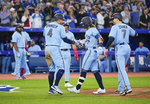 Toronto Blue Jays second baseman Bo Bichette celebrates after his first career grand slam at Rogers Center.