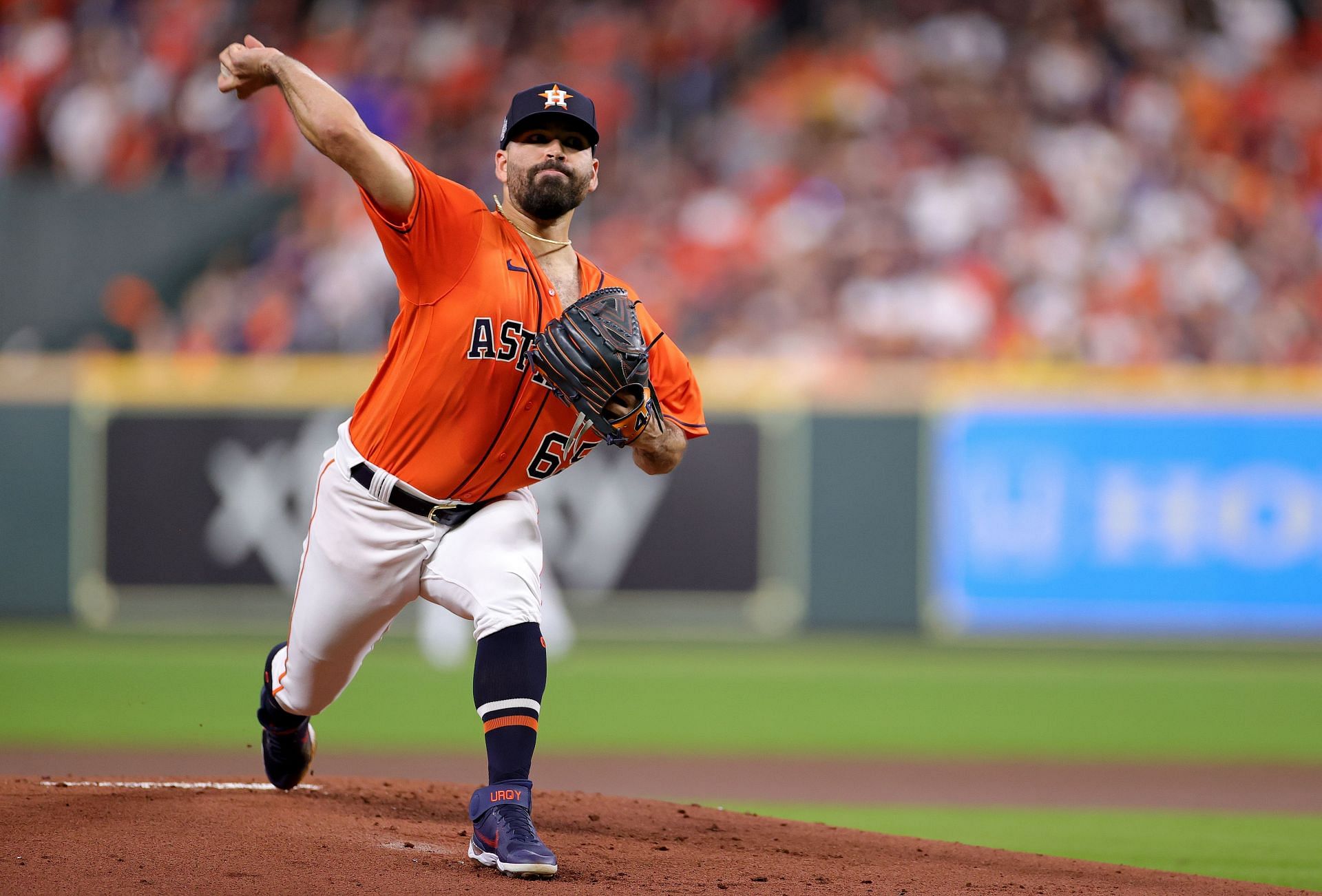 Jose Urquidry pitches during last years World Series - Atlanta Braves v Houston Astros - Game Two