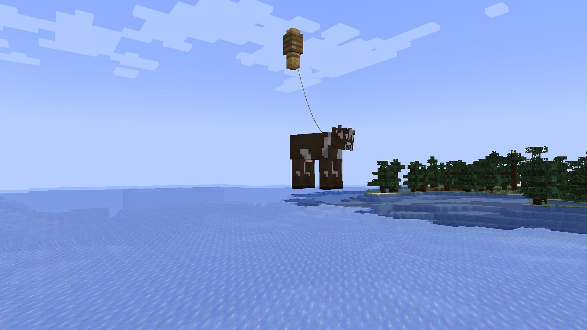 Cow dangling from a lead fastened on a fence (Image via Minecraft)