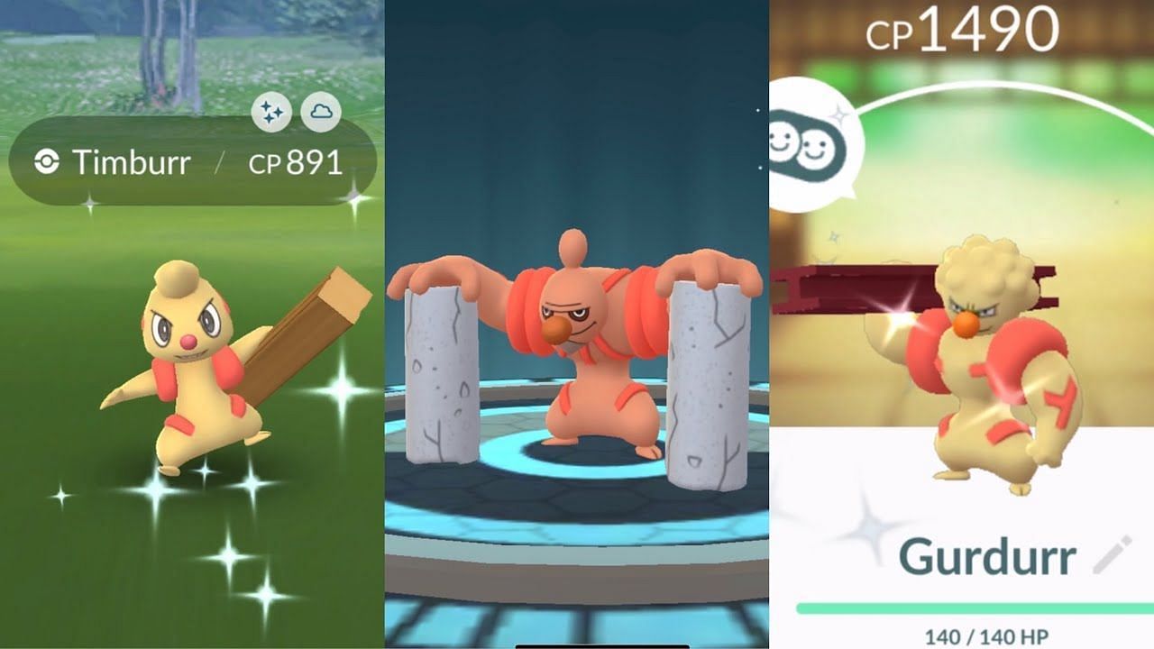 Shiny Timburr and its evolved forms as they appear in Pokemon GO (Image via Niantic/Critical Slacker on YouTube)