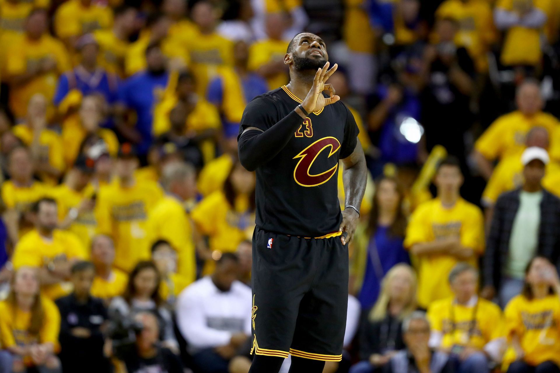 LeBron James #23 of the Cleveland Cavaliers reacts to a play against the Golden State Warriors in Game 7 of the 2016 NBA Finals at ORACLE Arena on June 19, 2016 in Oakland, California.