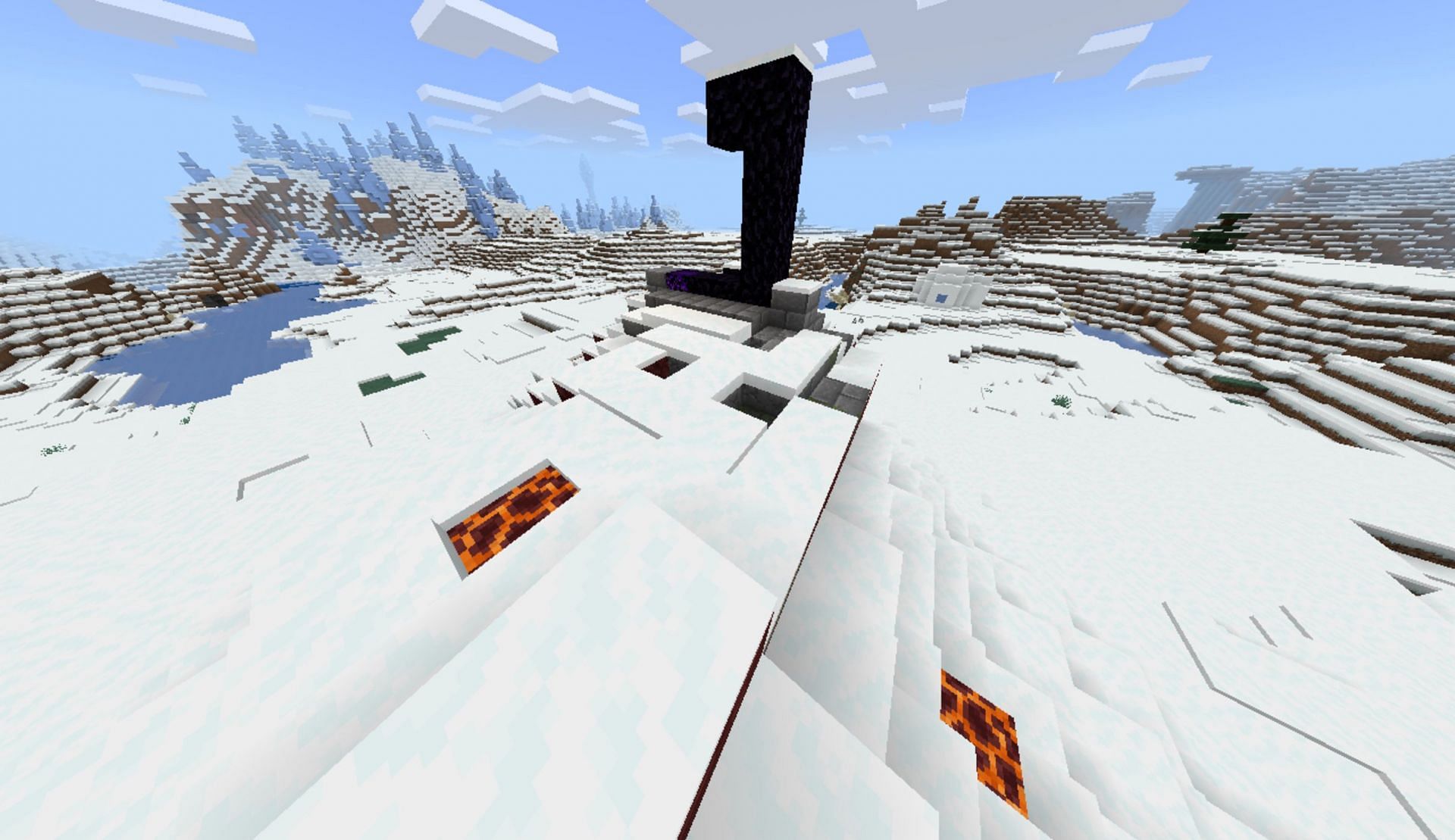 Ruined portals can appear in various biomes, including snowy ones (Image via u/MidNightmo0n/Reddit)