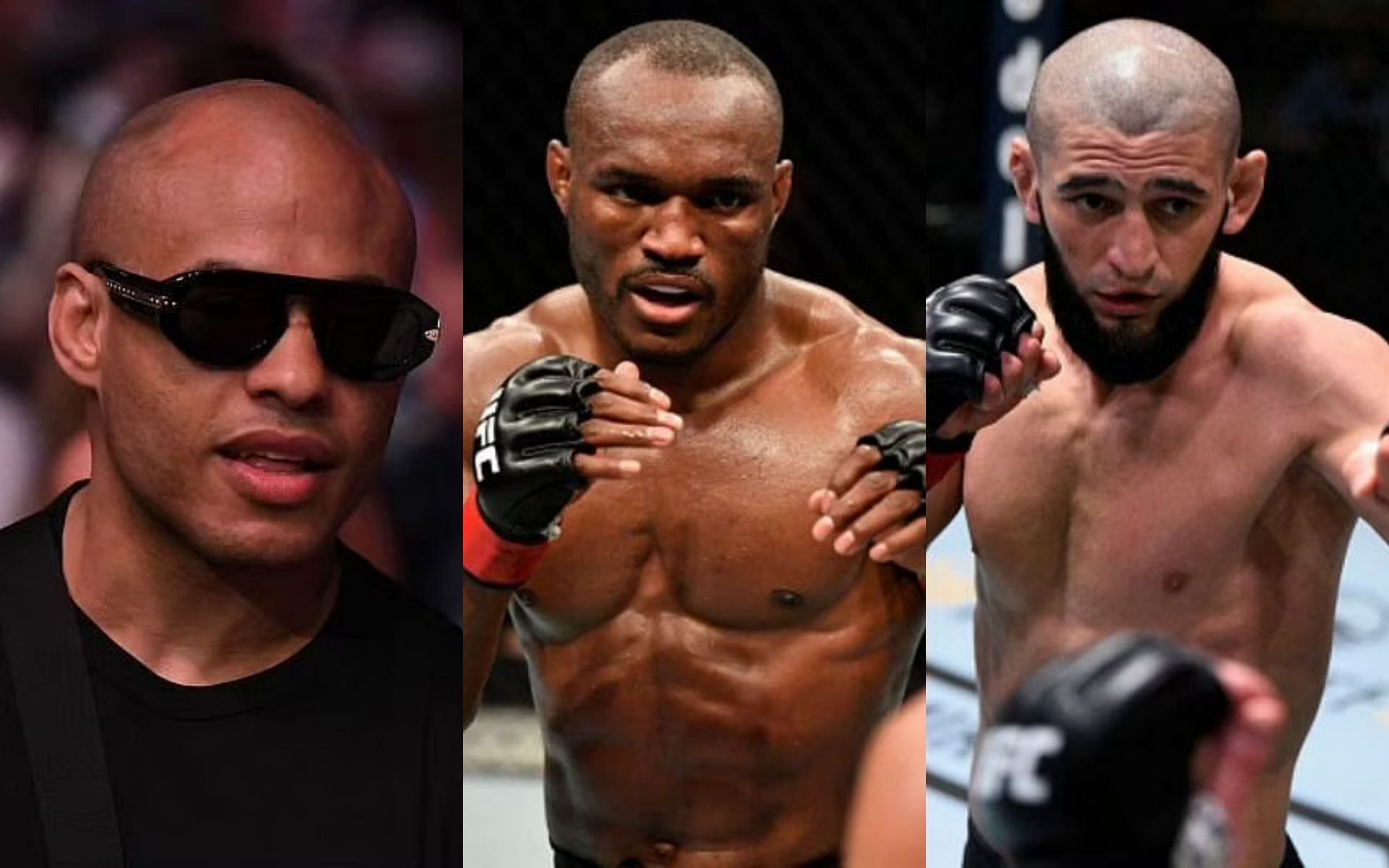 (From left to right) Ali Abdelaziz, Kamaru Usman, and Khamzat Chimaev