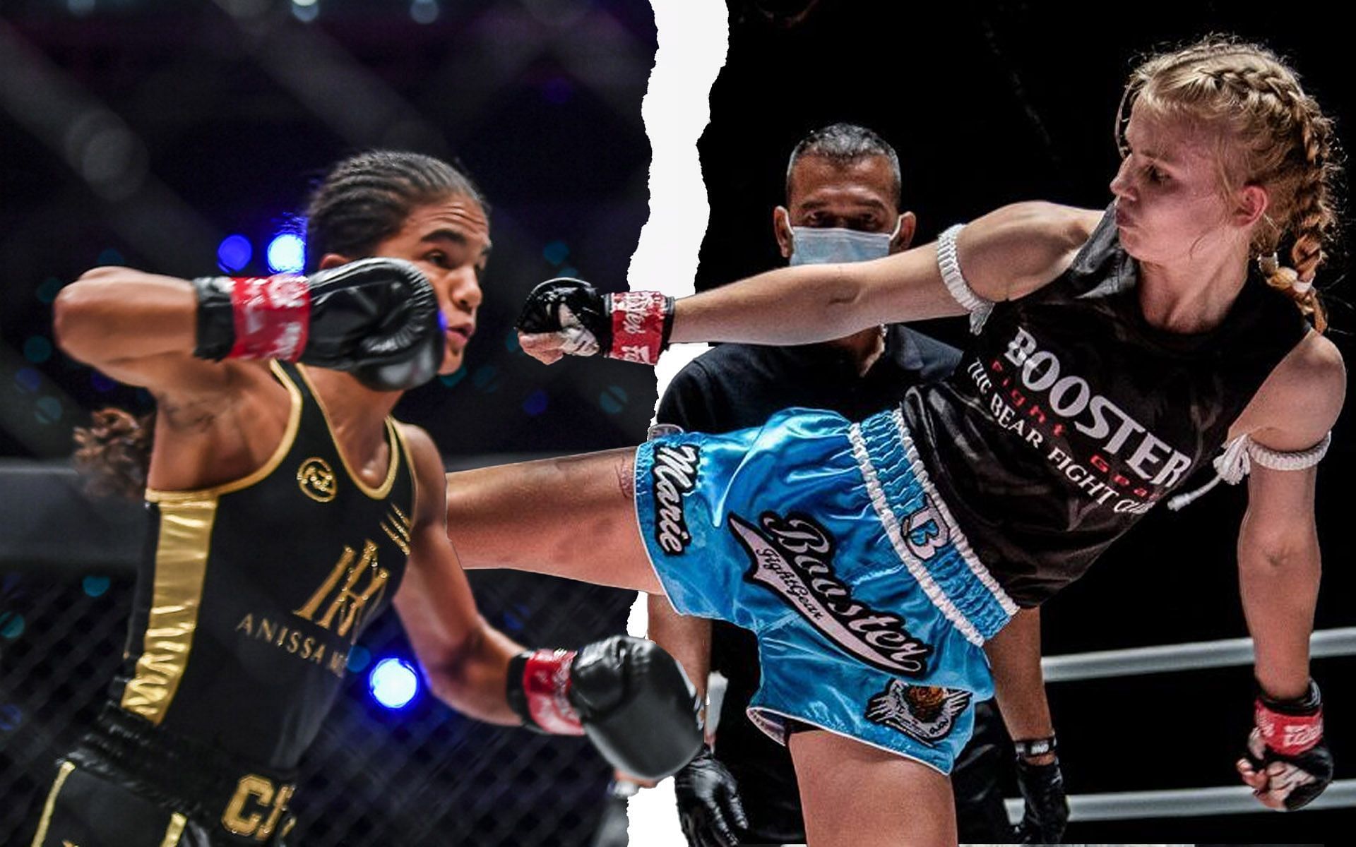 Marie Ruumet (R) hopes her Muay Thai can overcome the legendary striker Anissa Meksen (L). | [Photos: ONE Championship]