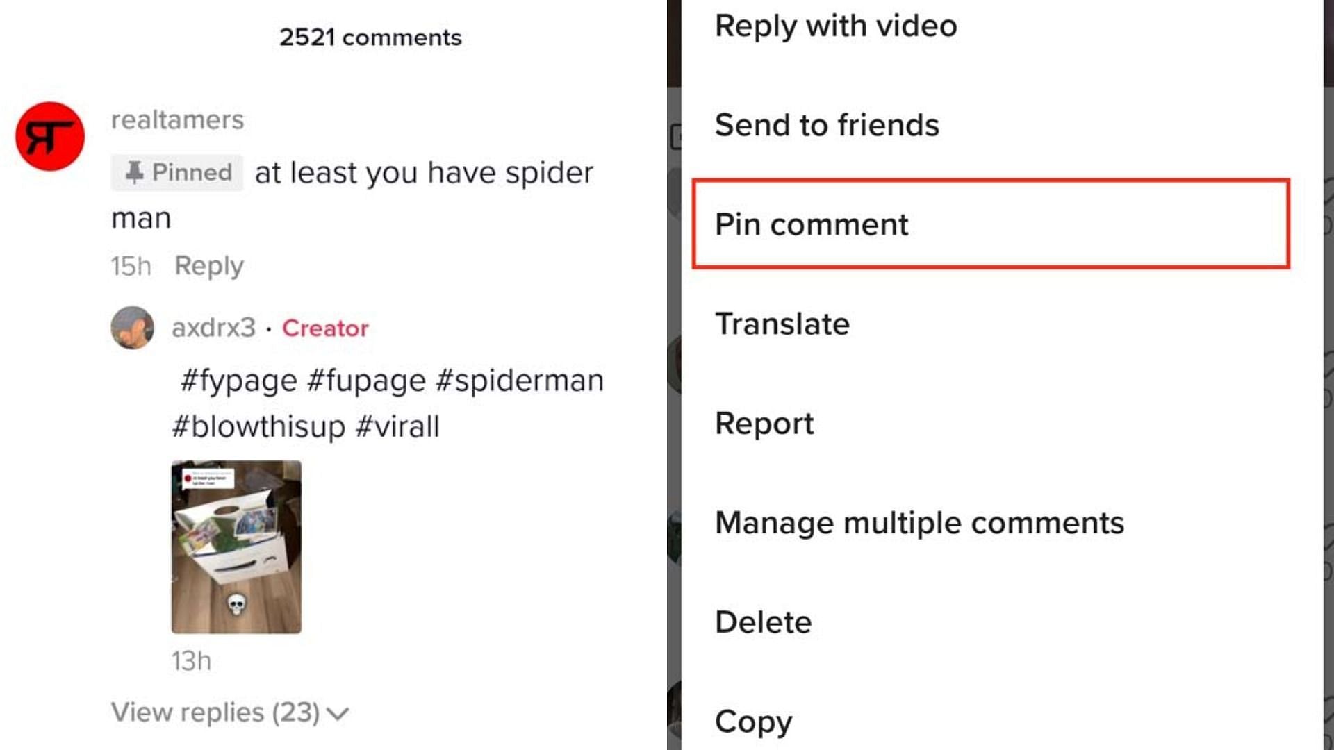 How to use the &#039;pin comment&#039; feature (Image via TikTok)
