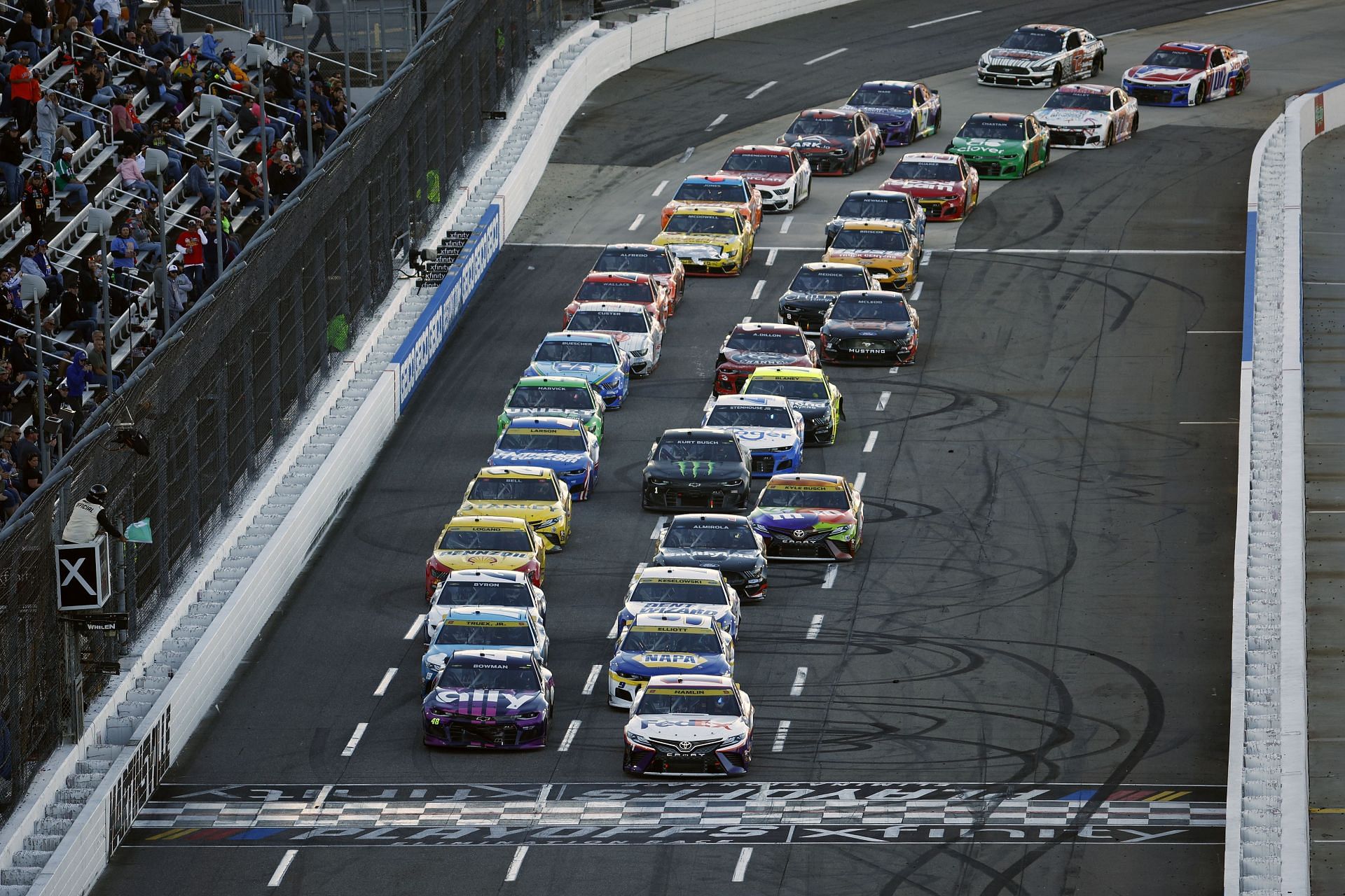 Denny Hamlin and Alex Bowman lead the field during the NASCAR Cup Series Xfinity 500 at Martinsville Speedway