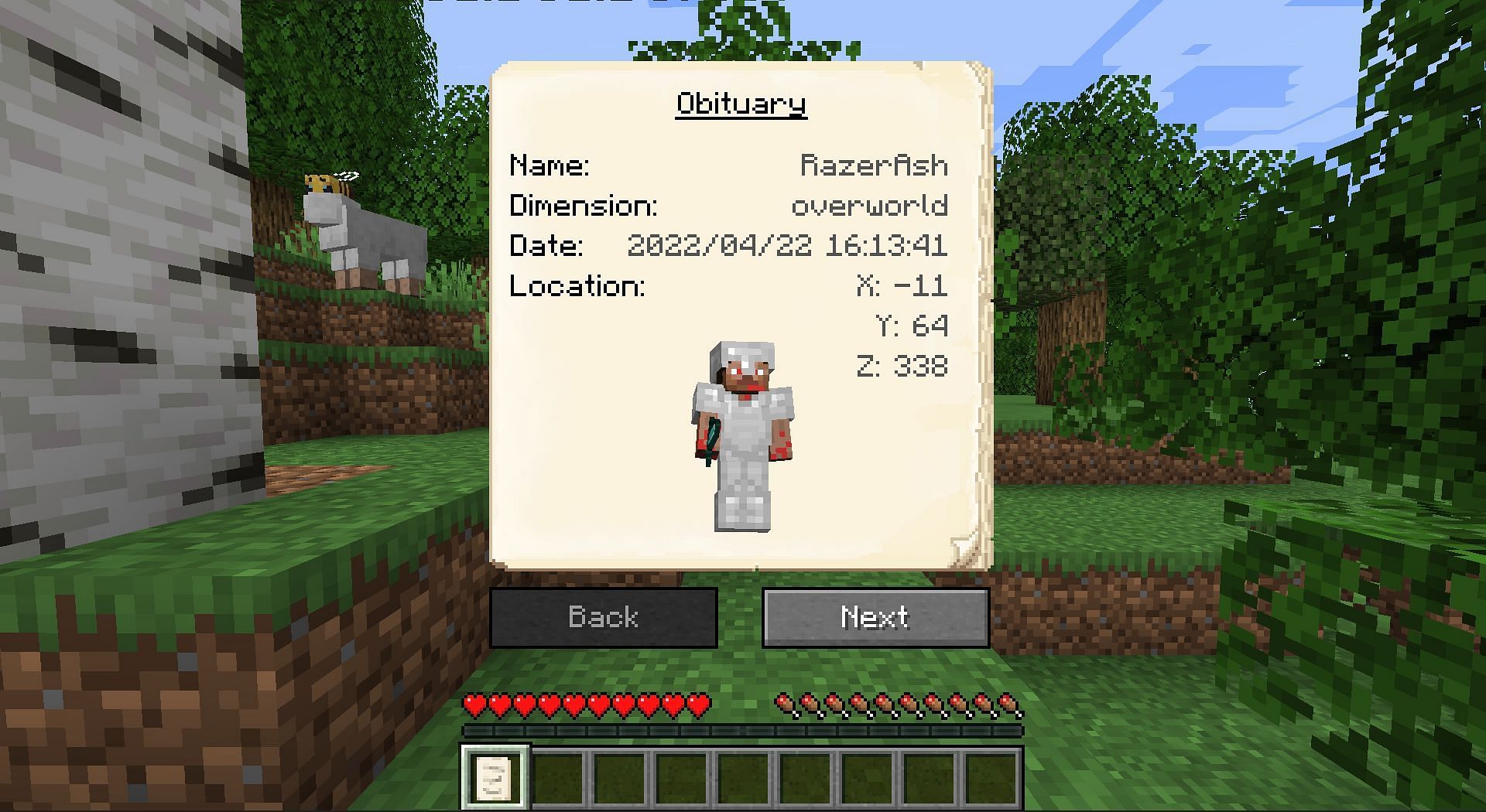 Obituary of the player with coordinates (Image via Minecraft)