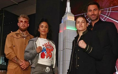 (L to R) Jake Paul, Amanda Serrano, Katie Taylor and Eddie Hearn (via @eddiehearn on Instagram)