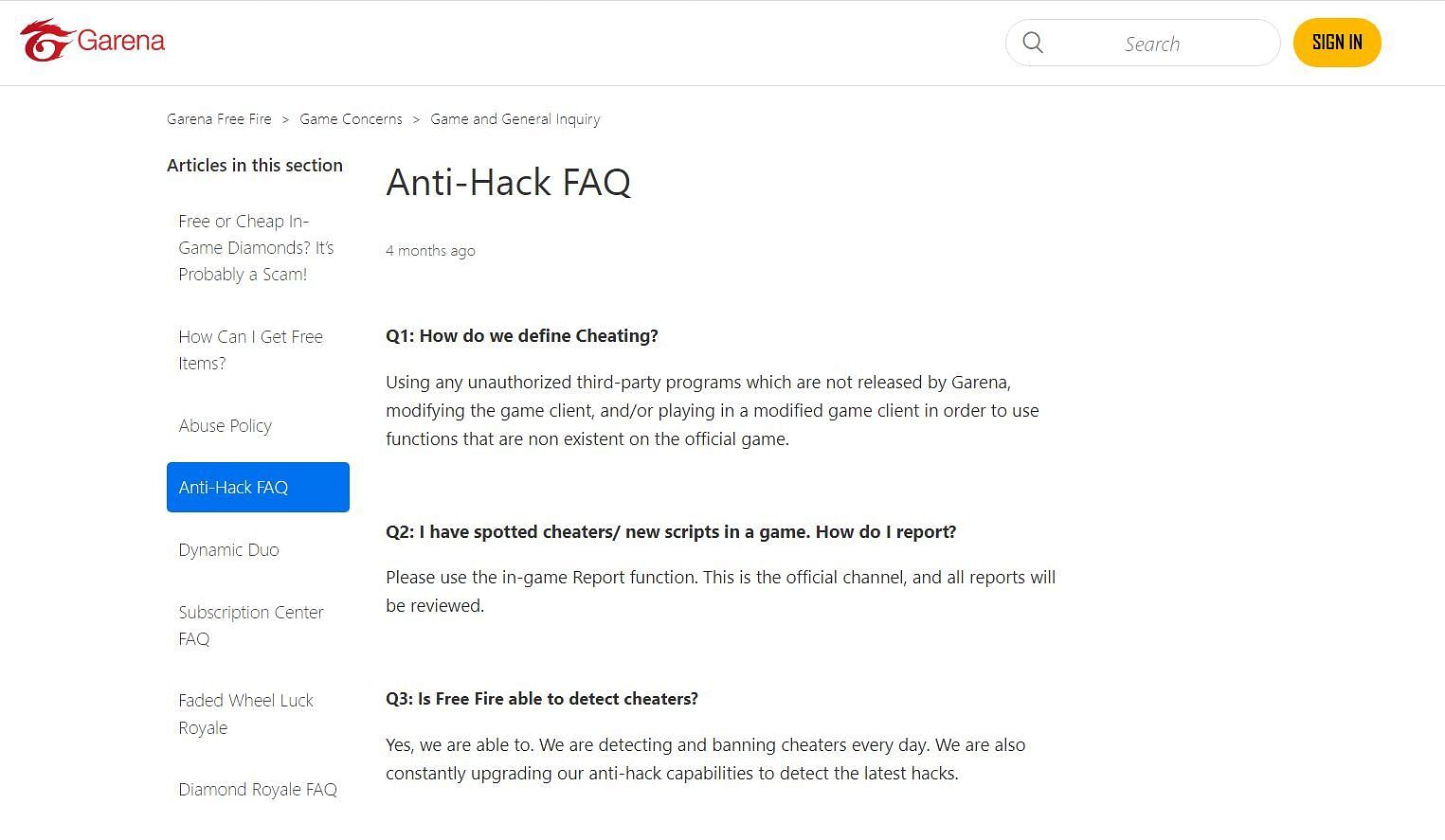 Anti-hack FAQ on the website (Image via Garena)