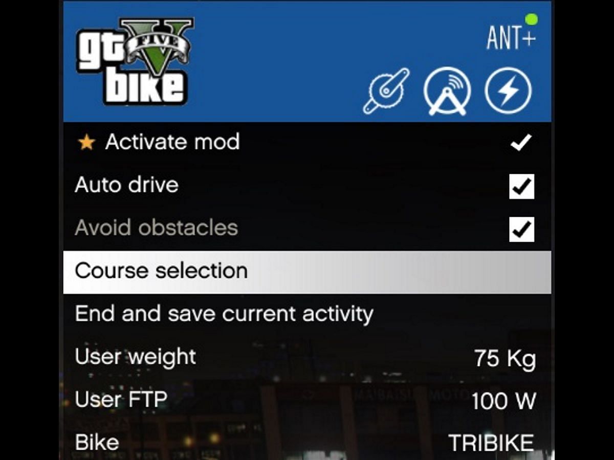 An example of what the mod menu looks like (Image via GTBikeV)