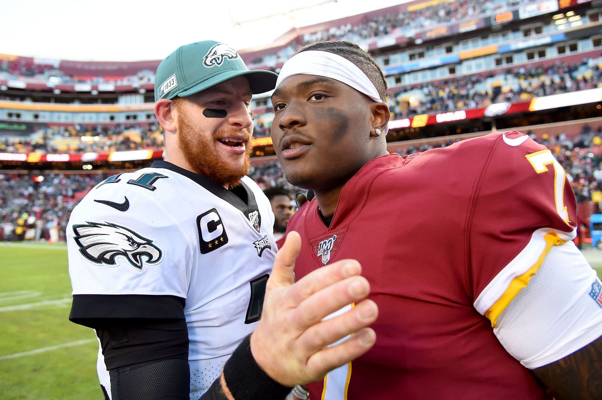 Carson Wentz and Dwayne Haskins shake hands after a game