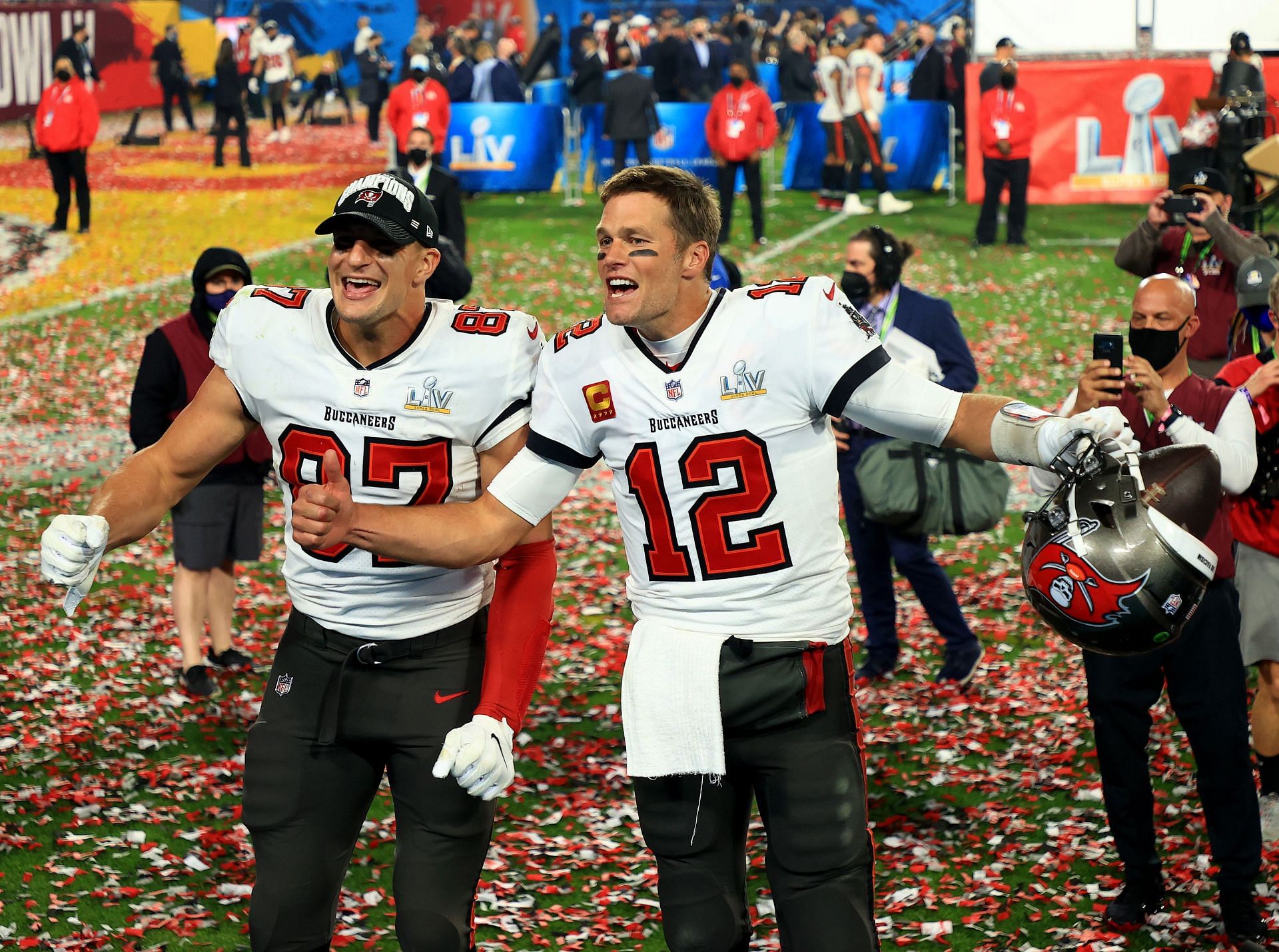 Rob Gronkowski and Tom Brady celebrate after winning Super Bowl LV