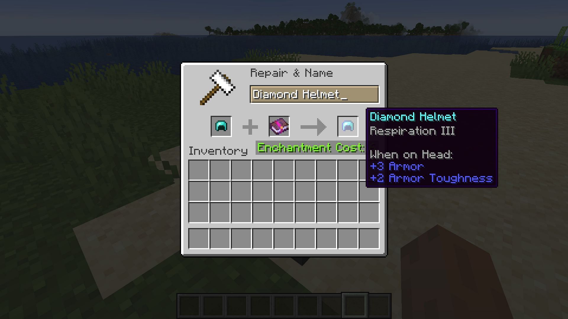 A player adding respiration to their helmet using an anvil (Image via Minecraft)