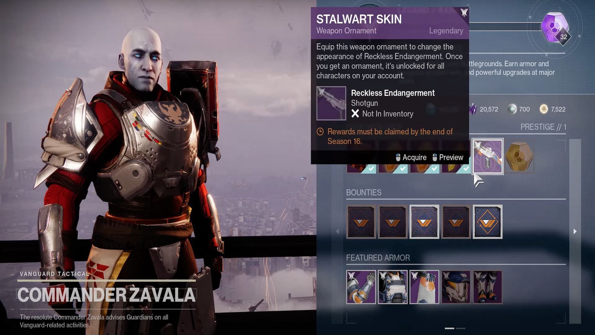 Players can unlock the special Stalwart Skin ornament by increasing their reputation with Zavala (Image via CoffeeMaestro/YouTube)