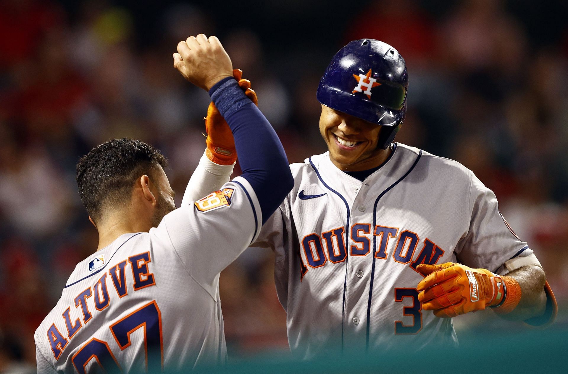 Jose Altuve (left) congradulates rookie Jeremy Pena (right) after his first MLB home run. Astros v Los Angeles Angels