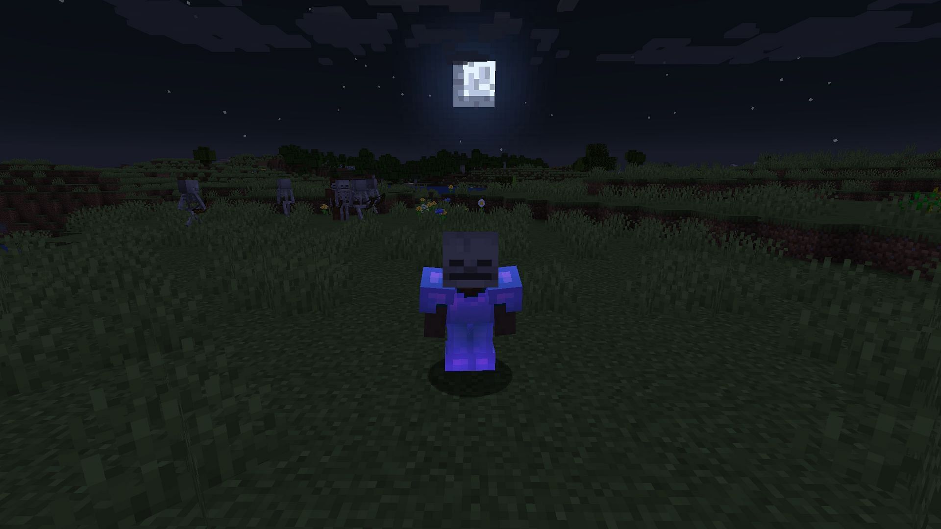 A user sneaking near a group of skeletons (Image via Minecraft)