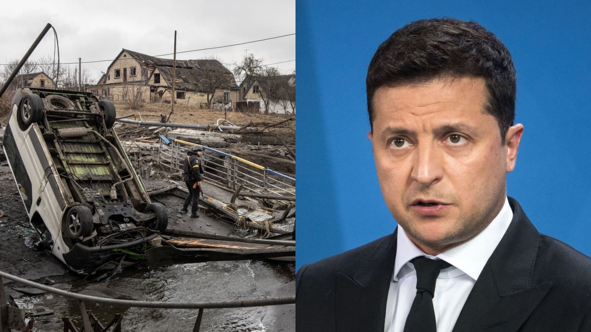 Ukrainian President Volodymyr Zelensky condemned the alleged massacre in Bucha amid the ongoing Russia-Ukraine crisis (Image via Chris McGrath/Getty Images and Stefanie Loos/Getty Images)