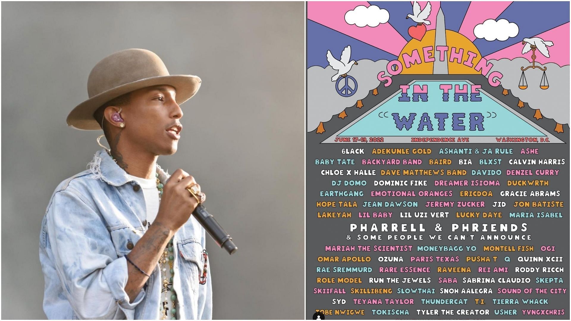 Pharrell Williams and Something in the Water Lineup (Images via Joseph Pako / Getty and Instagram / @somethinginthewater)