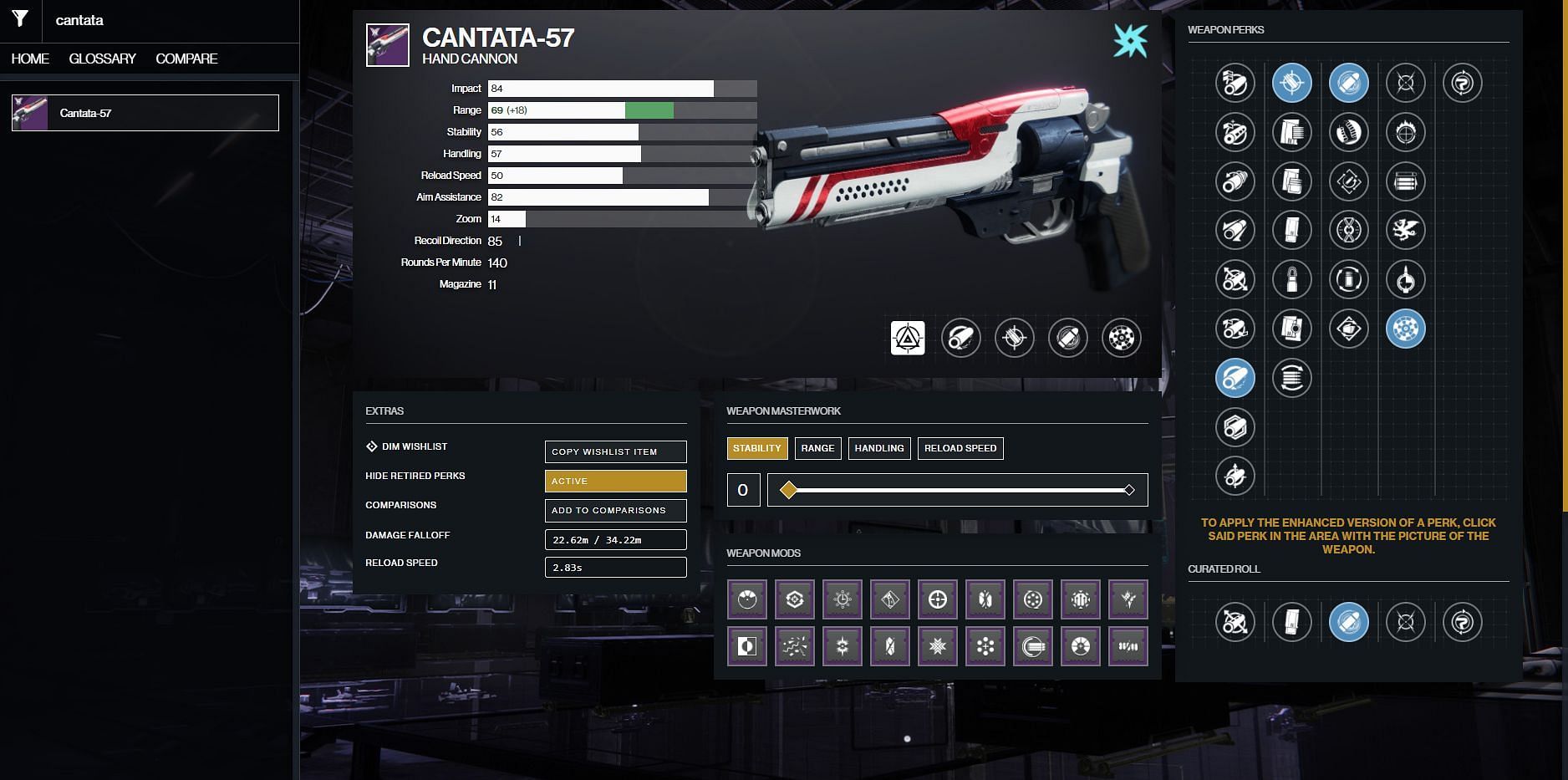 Cantata-57 possible god roll for PvP (Image via Destiny 2 gunsmith)