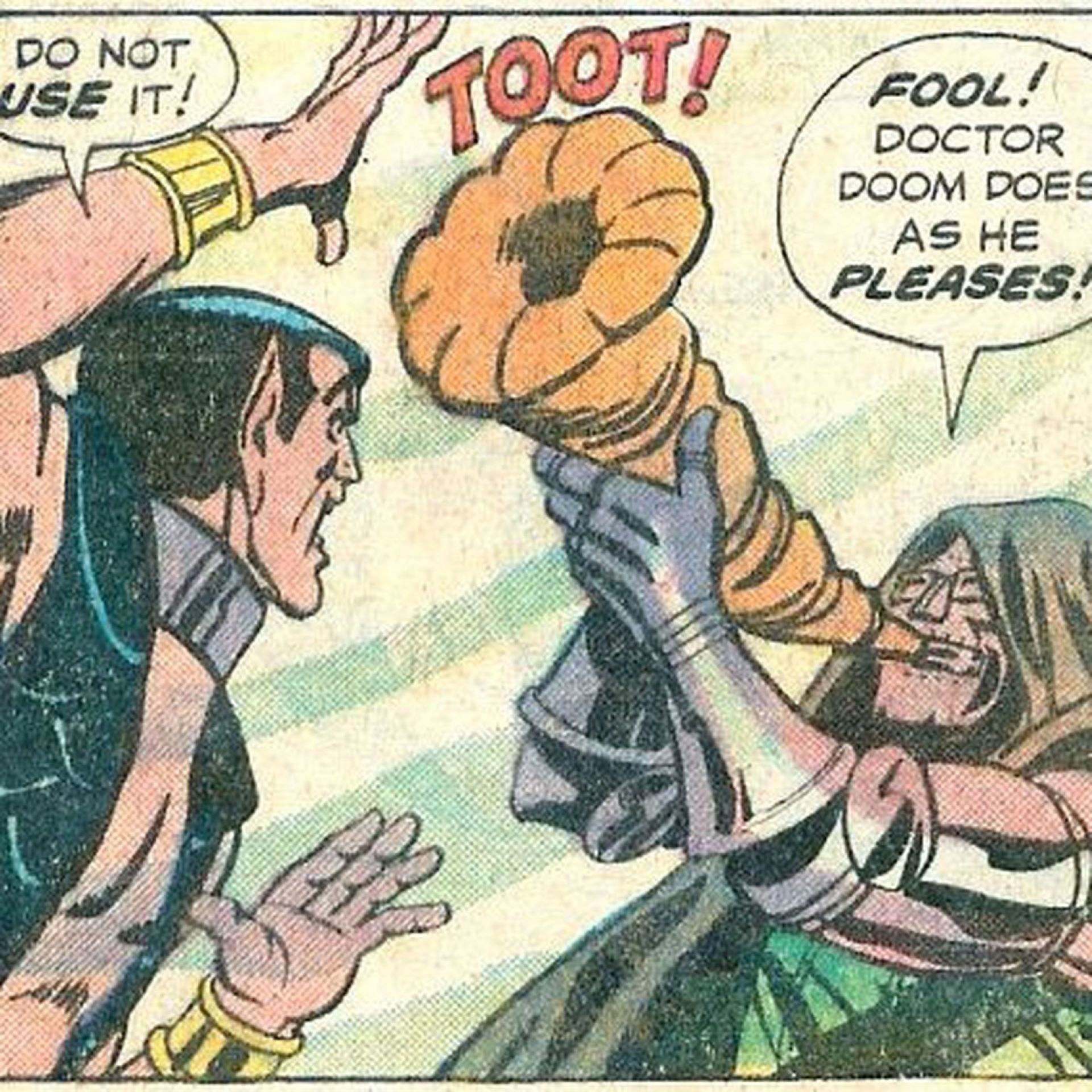 Doctor Doom blows the horn to summon a sea demon (Image via Marvel)
