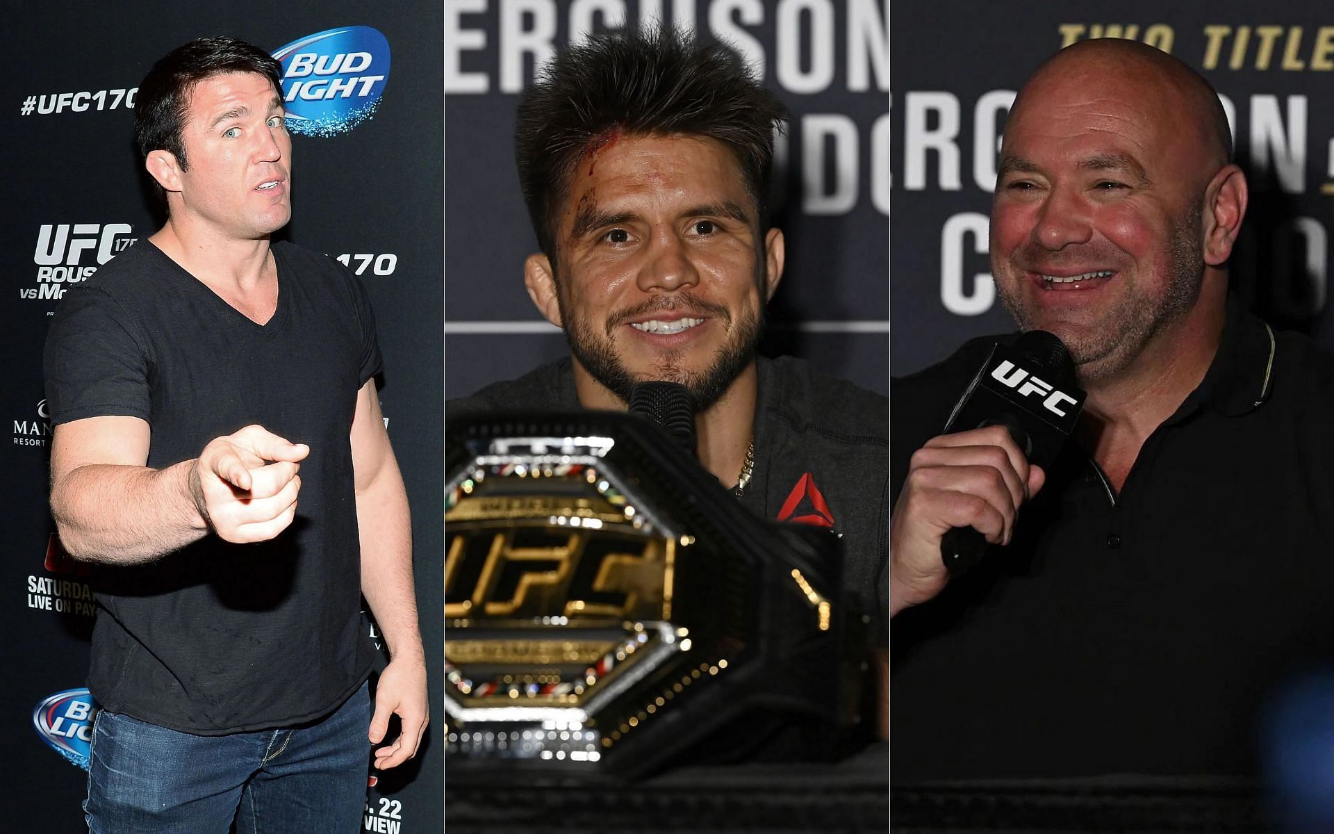 Chael Sonnen (left), Henry Cejudo (middle) and Dana White (right)