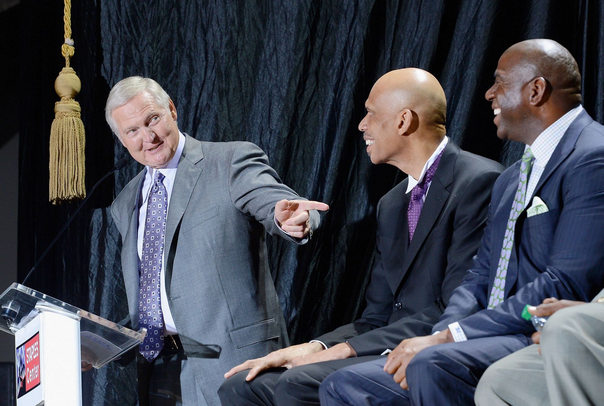 Jerry West, Kareem Abdul-Jabbar and Magic Johnson at a statue unveiling in Staples Center.