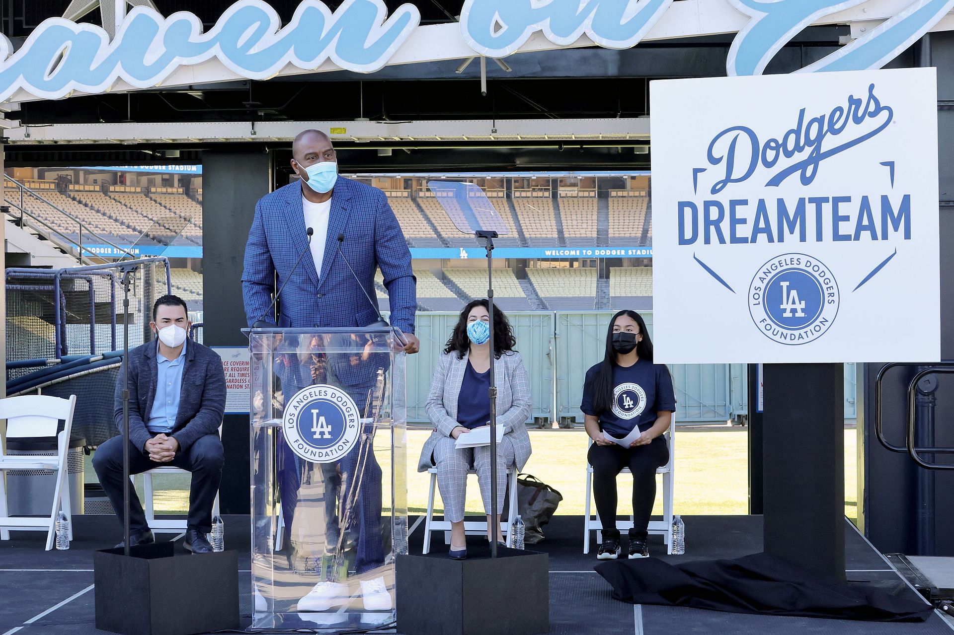 Los Angeles Dodgers Foundation press conference with Magic Johnson (at podium)