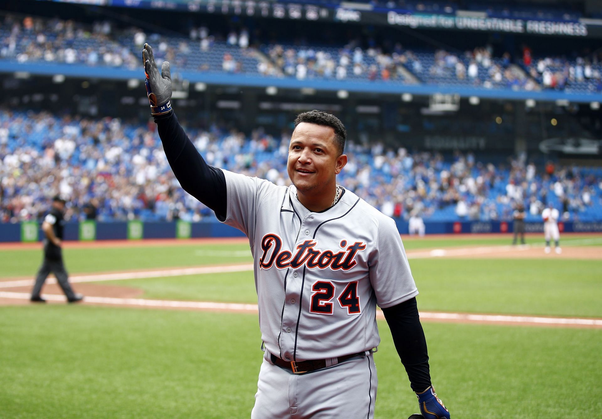 Cabrera celebrates after hitting his 500th career home run