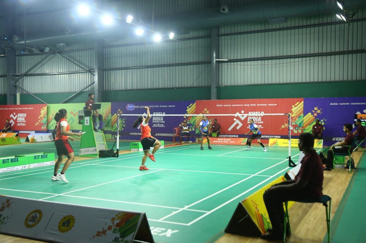 Badminton action from the Khelo India University Games.