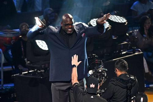 Shaquille O'Neal reacts after being introduced as part of the NBA 75th Anniversary Team during the 2022 NBA All-Star Game at Rocket Mortgage Fieldhouse on February 20, 2022 in Cleveland, Ohio.