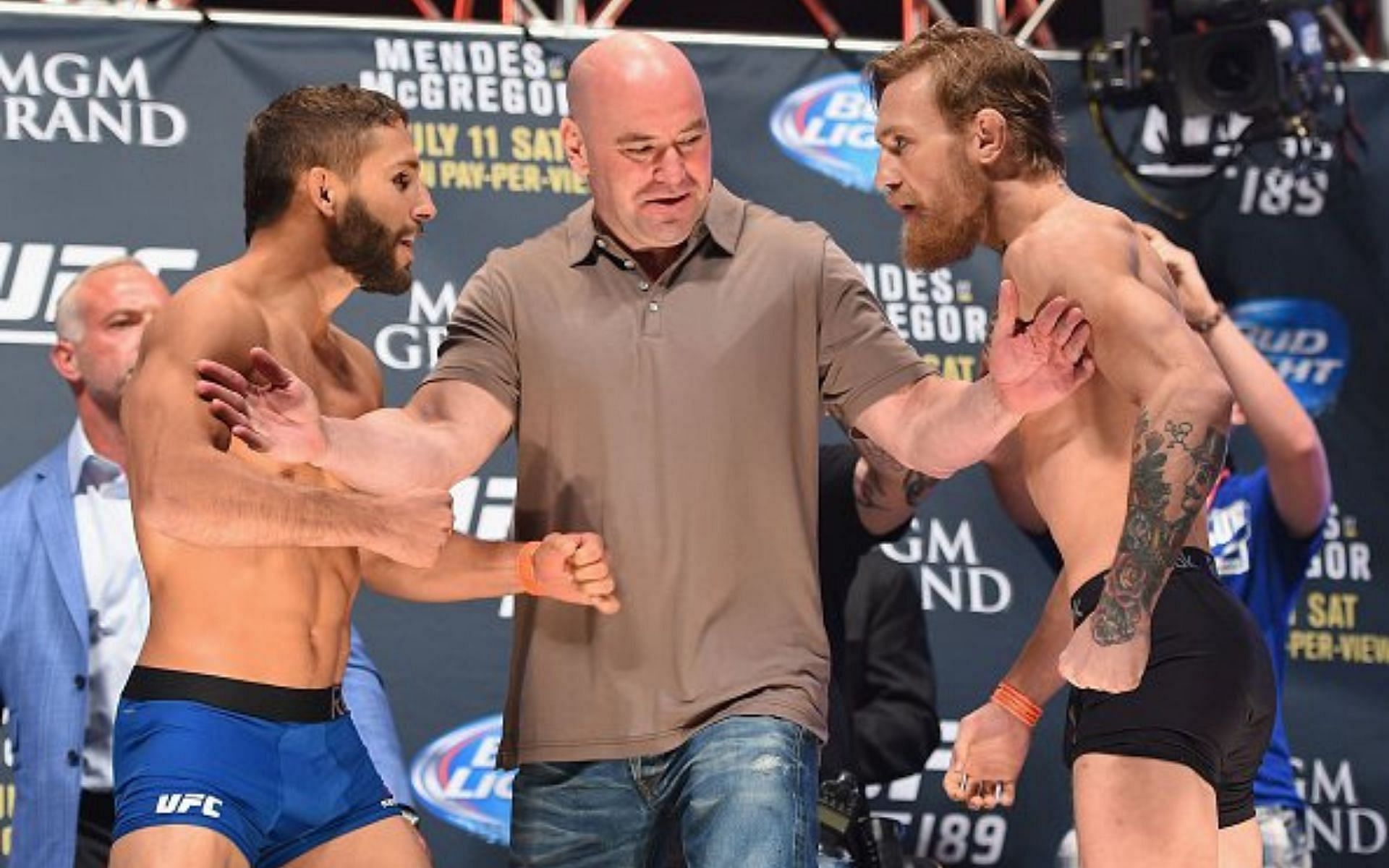 Chad Mendes and Conor McGregor during the face offs ahead of their UFC 189 clash