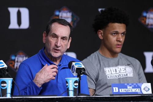 Coach K and Paolo Banchero speak during the post-game press conference.