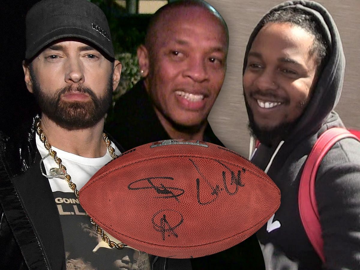 The signed football from the performers of the halftime show. Source: TMZ/Getty/Heritage Auctions Composite