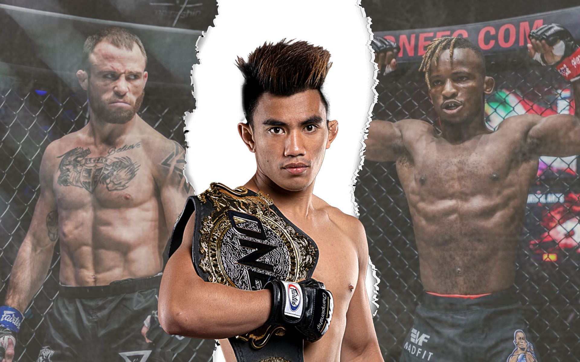 Joshua Pacio (C), Jarred Brooks (L), and Bokang Masunyane (R) are featured in an incredible poster hyping up the world title eliminator at ONE 156. | [Photos: ONE Championship]