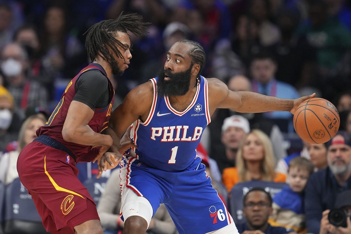 James Harden of the 76ers against Cavaliers&#039; Darius Garland