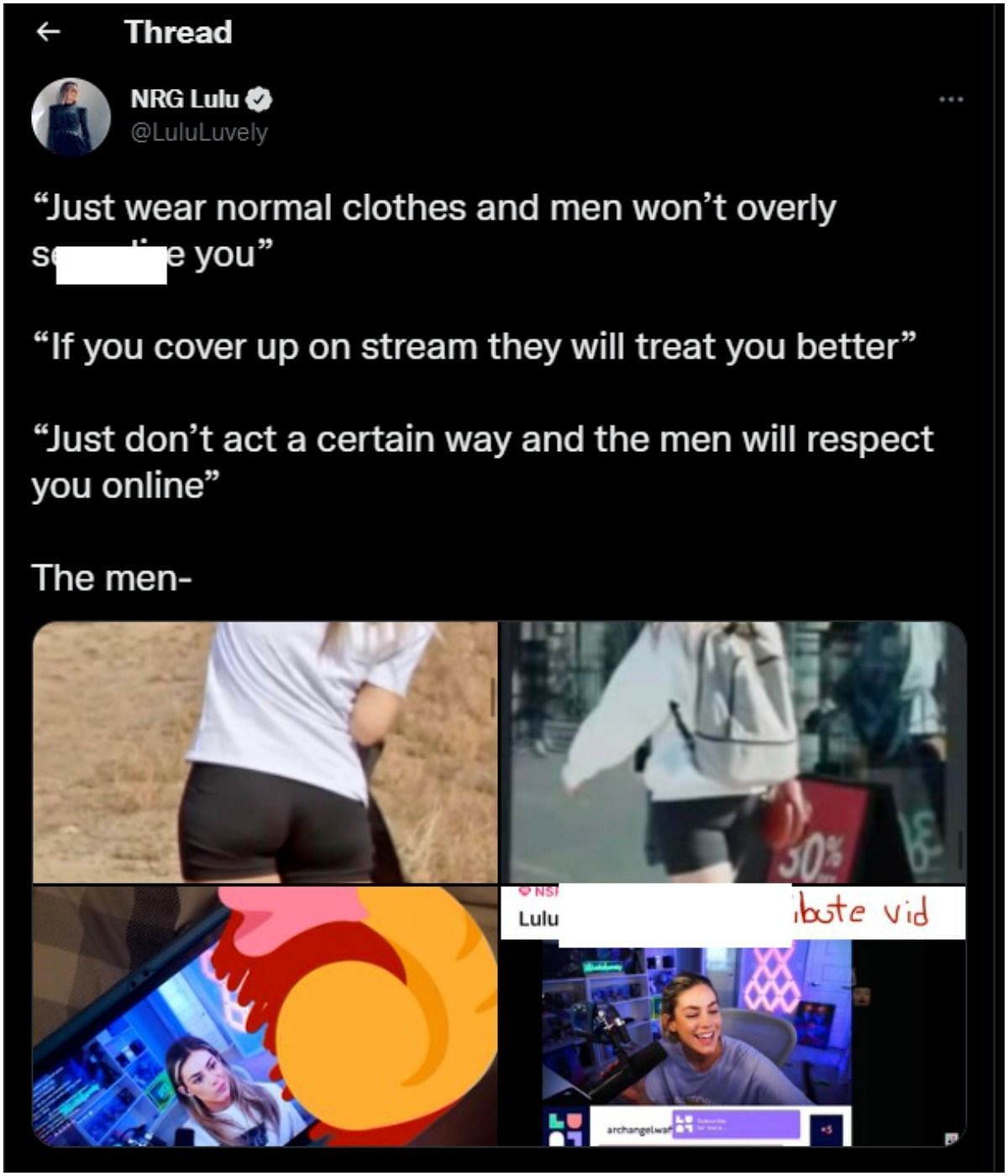 Lululuvely, an NRG streamer began the talk about harassment, and others followed suit (Image via Twitter/LuluLuvely)