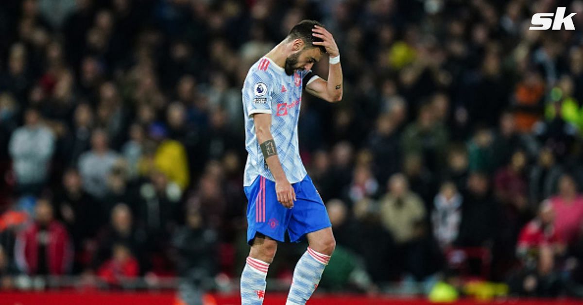 Red Devils midfielder Bruno Fernandes reacts during their loss to Liverpool.