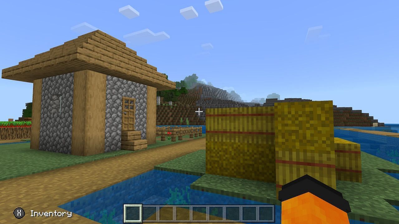 This seed contains a village that is surrounded by mountains in the distance (Image via Minecraft)