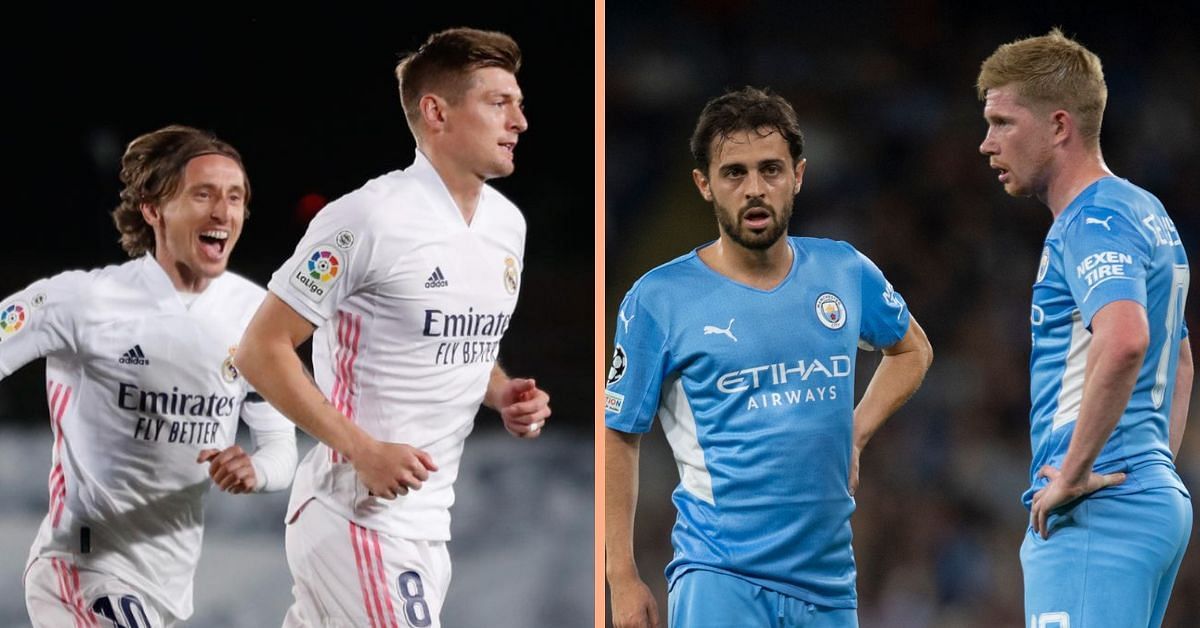 Luka Modric and Toni Kroos of Real Madrid and Bernardo Silva and Kevin De Bruyne of Manchester City